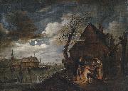 Aert van der Neer Hollandische Kanallandschaft bei Mondschein mit Schlittschuhlaufern und einem Lagerfeuer, an dem sich Bauern warmen oil